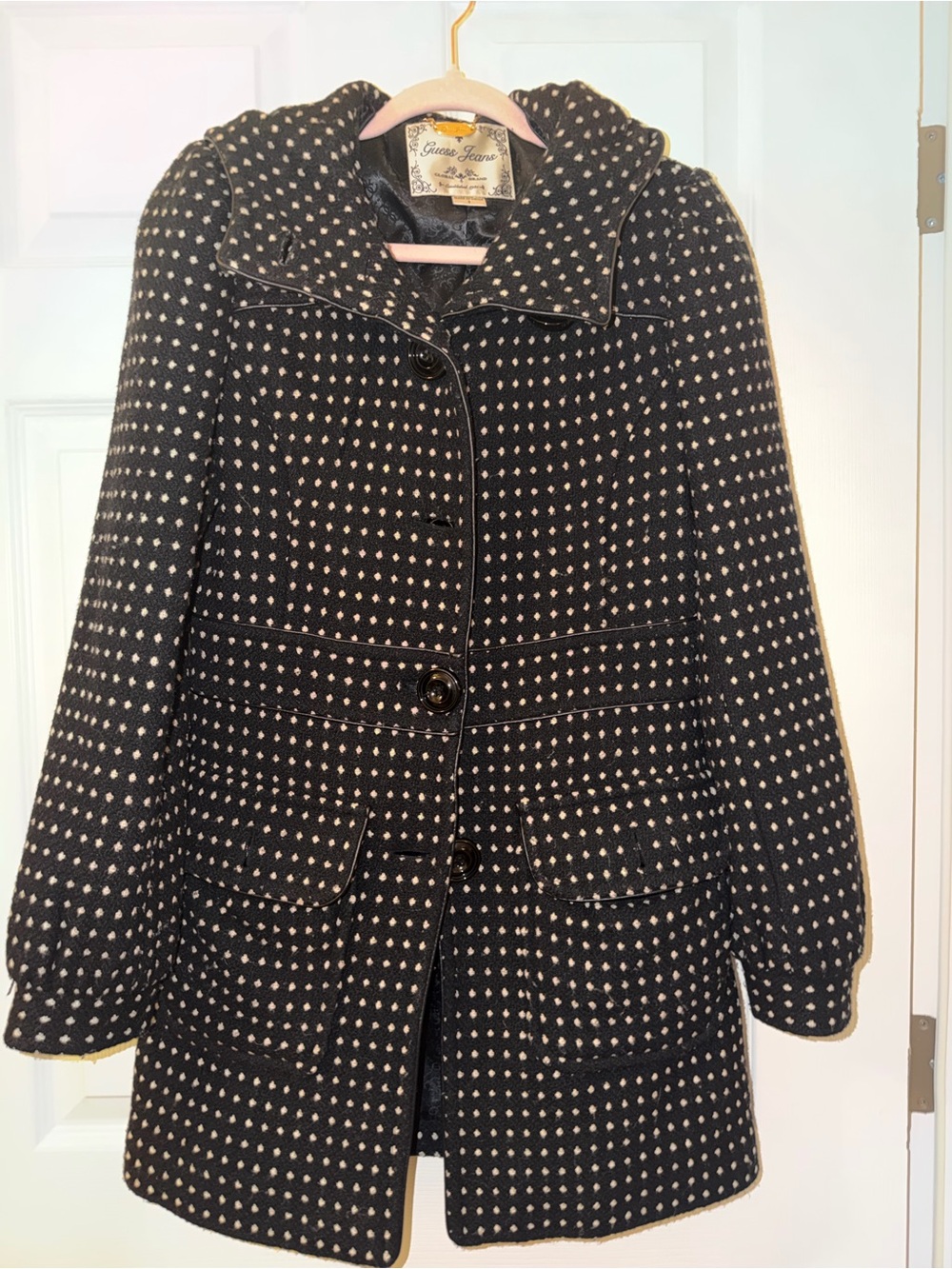 Guess Black Pea Coat with Cream Polka Dots